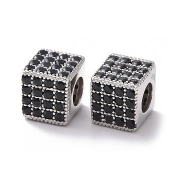 925 Sterling Silver Beads, with Cubic Zirconia, Real Platinum Plated, Cube, Black, 7x7.5x7.5mm, Hole: 3.8mm