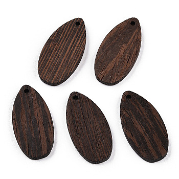 Natural Wenge Wood Pendants, Undyed, Teardrop Charms, Coconut Brown, 31x16x3.5mm, Hole: 1.8mm