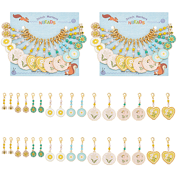 Flower & Bee Pendant Stitch Markers, Alloy Enamel & Glass Crochet Lobster Clasp Charms, Locking Stitch Marker with Wine Glass Charm Ring, Mixed Shapes, Mixed Color, 3.5~5.3cm, 8 style, 2pcs/style, 16pcs/set