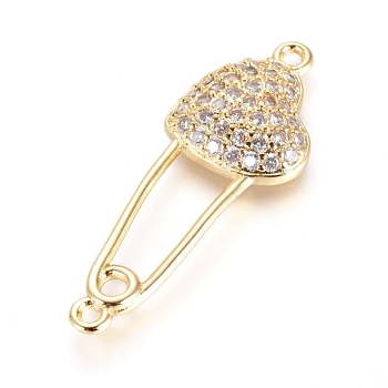 Brass Micro Pave Cubic Zirconia Links connectors, Safety Pin Shape with Heart, Clear, Golden, 34x12x4mm, Hole: 1.5mm