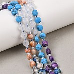 Dyed Natural White Jade & Red Netstone & Quartz Crystal & K2 Stone & Synthetic Turquoise Beads Strands, Flat Round, Faceted Coin Beads, with Seed Beads, 6~6.7x4~4.3mm, Hole: 1.1~1.3mm, about 46pcs/strand, 15.16''(38.5cm)(G-Z135-B03)