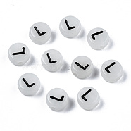 Acrylic Beads, with Enamel and Luminous, Horizontal Hole, Flat Round with Black Letter, Glow in the Dark, Light Grey, Letter.L, 7x3.5mm, Hole: 1.5mm, about 3600~3700pcs/500g(SACR-S273-29L)