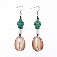 Dangle Earrings, with Natural Cowrie Shell, Cultured Freshwater Pearl, Turtle Synthetic Turquoise and 316 Surgical Stainless Steel Earring Hooks, 85mm(EJEW-JE04049-02)