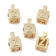 Alphabet Brass Micro Pave Clear Cubic Zirconia Pendants, Real 18K Gold Plated, Cube with Letter, Letter.Z, 26x17x17mm, Hole: 5x8mm(ZIRC-O045-01G-Z)