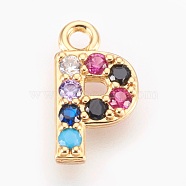 Brass Micro Pave Cubic Zirconia Charms, Letter, Golden, Letter.P, 13~14x7~10x2~2.5mm, Hole: 1.5~1.8mm(ZIRC-F089-01G-P)