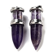 Natural Amethyst Pointed Big Pendants, Bullet Charms with Stainless Steel Color Plated Stainless Steel Findings, 51.5x16.5mm, Hole: 6x4.5mm(G-B077-02P-05)