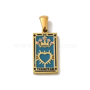 304 Stainless Steel Pendants, with Enamel and Glass Rhinestone, Rectangle with Tarot Charm, Golden, Turquoise, 19x10.5x2.5mm, Hole: 4x7mm(STAS-C100-02C-G)
