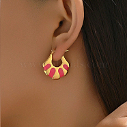 Fashionable Delicate Simple Color Block Fan-shaped Stainless Steel Hoop Earrings for Women, with Enamel, Golden, Red, 27x25mm(LW7077-7)