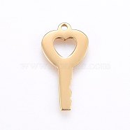 304 Stainless Steel Pendants, Key, Golden, 22x11x1mm, Hole: 1.2mm(STAS-I094-29G)