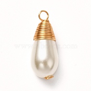 Glass Pearl Pendants, Painted, with Brass Findings, Golden, Teardrop, White, 21.5x8mm, Hole: 2.1mm(PALLOY-JF00898)