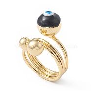 Enamel Round with Evil Eye Finger Rings, Real 18K Gold Plated Brass Wrap Style Ring for Women, Black, 5.5~19.5mm, Inner Diameter: 18mm(RJEW-A014-01G-09)