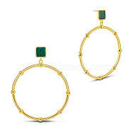 SHEGRACE Brass Stud Earrings, with Synthetic Malachite, Square and Ring, Real 18K Gold Plated, 35mm(JE832B)