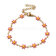 304 Stainless Steel Flower Link Bracelets for Women, Golden, Pink, 6-3/4 inch(17cm)(BJEW-C076-02C-01)