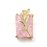 Glass Pendants, with Real 18K Gold Plated Brass Findings, Rectangle with Leaf, Pink, 22x14.5x11mm, Hole: 5x2.5mm(KK-I695-003A)