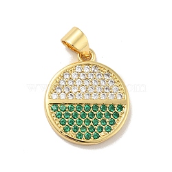 Brass Micro Pave Cubic Zirconia Pendants, Cadmium Free & Lead Free, Long-Lasting Plated, Flat Round, Real 18K Gold Plated, Green, 17.5x15x2mm, Hole: 3.5x3mm(X-KK-B059-35G-F)