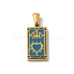 304 Stainless Steel Pendants, with Enamel and Glass Rhinestone, Rectangle with Tarot Charm, Golden, Turquoise, 19x10.5x2.5mm, Hole: 4x7mm(STAS-C100-02C-G)