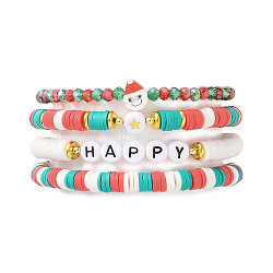 4Pcs 4 Style Polymer Clay Heishi Surfer Stretch Bracelets Set, Santa Claus & Glass Stackable Christmas Bracelets for Women, Mixed Color, Inner Diameter: 2-1/8~2-1/4 inch(5.45~5.8cm), 1Pc/style(BJEW-TA00261)
