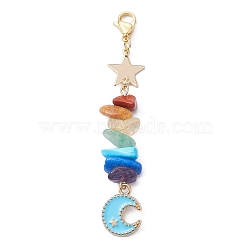 Moon Alloy Enamel Pendant Decorations, with Chakra Gemstone Chips & Brass Star Link and 304 Stainless Steel Lobster Claw Clasps, Sky Blue, 78mm(HJEW-JM01276-02)