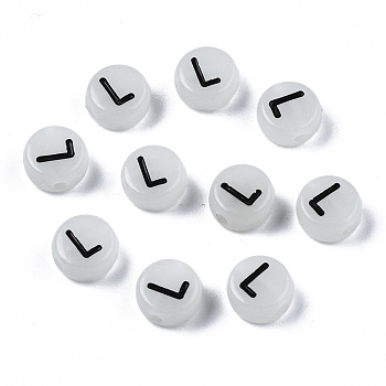 Acrylic Beads, with Enamel and Luminous, Horizontal Hole, Flat Round with Black Letter, Glow in the Dark, Light Grey, Letter.L, 7x3.5mm, Hole: 1.5mm, about 3600~3700pcs/500g