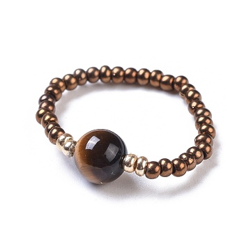 Natural Tiger Eye Stretch Rings, with Glass Seed Beads, Size 8, 18mm