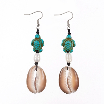 Dangle Earrings, with Natural Cowrie Shell, Cultured Freshwater Pearl, Turtle Synthetic Turquoise and 316 Surgical Stainless Steel Earring Hooks, 85mm