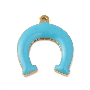304 Stainless Steel Charms, with Enamel, Real 14K Gold Plated, Horseshoe Charm, Deep Sky Blue, 11.6x10x1.3mm, Hole: 0.8mm