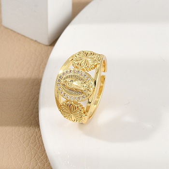 Rack Plating Brass Micro Pave Clear Cubic Zirconia Finger Rings for Women, Long-Lasting Plated, Virgin Mary, Real 18K Gold Plated, 12mm, US Size 6(16.5mm)