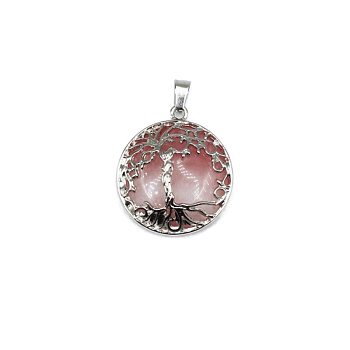 Cherry Quartz Glass Pendants, Tree of Life Charms with Platinum Plated Alloy Findings, 31x27mm