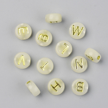 Luminous Acrylic Beads, Metal Enlaced, Horizontal Hole, Flat Round with Letter, Mixed, 9.5x4.5mm, Hole: 2mm