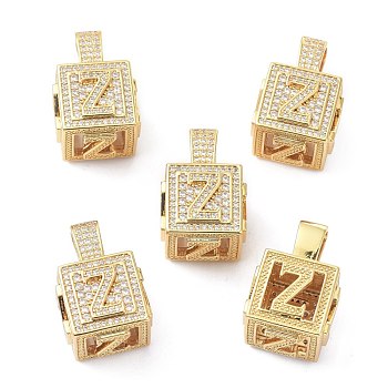 Alphabet Brass Micro Pave Clear Cubic Zirconia Pendants, Real 18K Gold Plated, Cube with Letter, Letter.Z, 26x17x17mm, Hole: 5x8mm