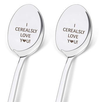 Stainless Steel Spoons Set, Including 2 Spoons with Word, Stainless Steel Color, Heart Pattern, 196x32mm, 2pcs/set