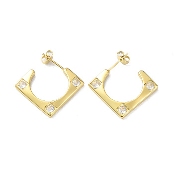 Cubic Zirconia Rectangle Stud Earrings, Golden 304 Stainless Steel Half Hoop Earrings for Women, Clear, 19.5x20.5x2.5mm, Pin: 0.7mm