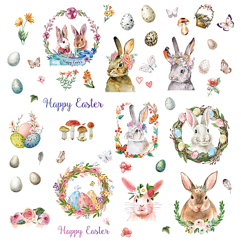 PVC Waterproof Wall Stickers, Self-Adhesive Decals, for Window or Stairway Home Decoration, Rectangle with Easter Egg & Rabbit, Easter Theme Pattern, 200x145mm, about 1 sheets/style