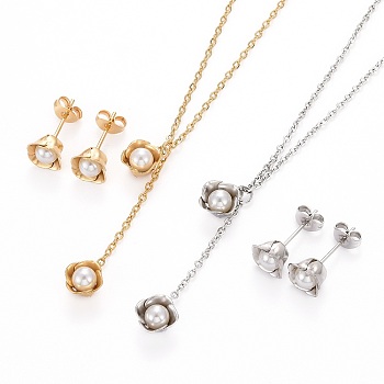 Flower 304 Stainless Steel Jewelry Sets, Acrylic Imitation Pearl Pendant Cable Chains Necklaces and Stud Earrings, with Lobster Claw Clasps and Ear Nuts, Mixed Color, 17.51 inch(44.5cm), 7.5x7.5mm, Pin: 0.8mm