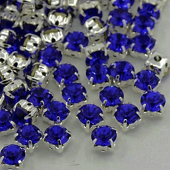 Sew on Rhinestone, Grade A Glass Rhinestone, with Brass Prong Settings, Garments Accessories, Silver Color Plated Metal Color, Cobalt, 4.2~4.4x4.2~4.4mm, Hole: 1mm, about 1440pcs/bag