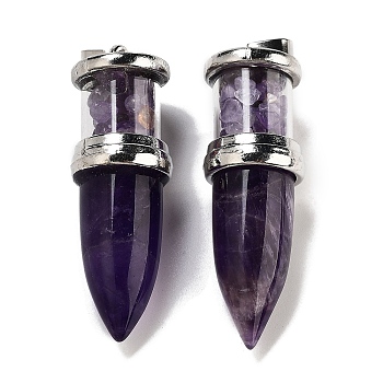 Natural Amethyst Pointed Big Pendants, Bullet Charms with Stainless Steel Color Plated Stainless Steel Findings, 51.5x16.5mm, Hole: 6x4.5mm
