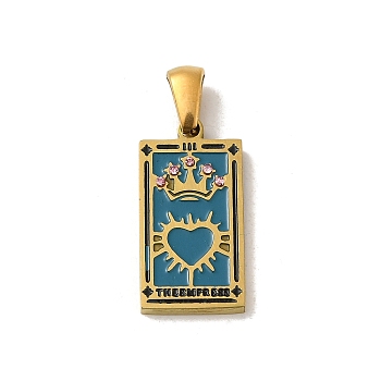 304 Stainless Steel Pendants, with Enamel and Glass Rhinestone, Rectangle with Tarot Charm, Golden, Turquoise, 19x10.5x2.5mm, Hole: 4x7mm
