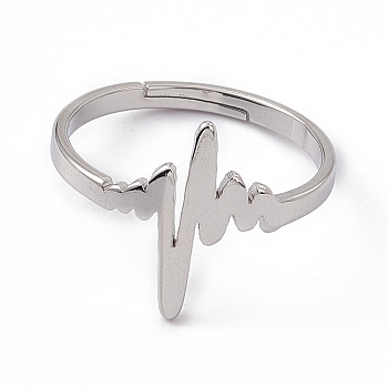 201 Stainless Steel Heart Beat Adjustable Ring for Women, Stainless Steel Color, US Size 6 1/4(16.7mm)