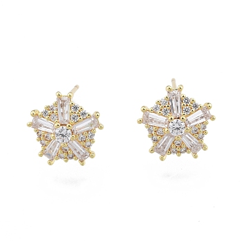 Clear Cubic Zirconia Snowflake Stud Earrings with Glass, Brass Jewelry for Women, Nickel Free, Real 18K Gold Plated, 12mm, Pin: 0.8mm