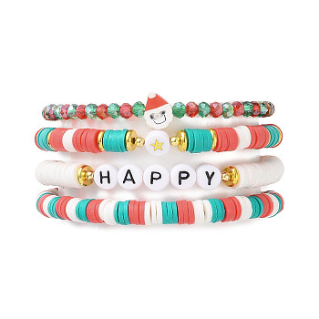 4Pcs 4 Style Polymer Clay Heishi Surfer Stretch Bracelets Set, Santa Claus & Glass Stackable Christmas Bracelets for Women, Mixed Color, Inner Diameter: 2-1/8~2-1/4 inch(5.45~5.8cm), 1Pc/style