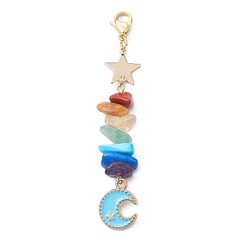 Moon Alloy Enamel Pendant Decorations, with Chakra Gemstone Chips & Brass Star Link and 304 Stainless Steel Lobster Claw Clasps, Sky Blue, 78mm