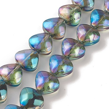 Transparent Electroplate Glass Bead Strands, Rainbow Plated, Heart, Dark Cyan, 12x13x7mm, Hole: 1mm, about 55pcs/strand, 25.51''(64.8cm)