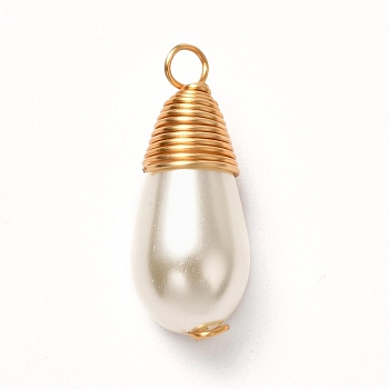 Glass Pearl Pendants, Painted, with Brass Findings, Golden, Teardrop, White, 21.5x8mm, Hole: 2.1mm