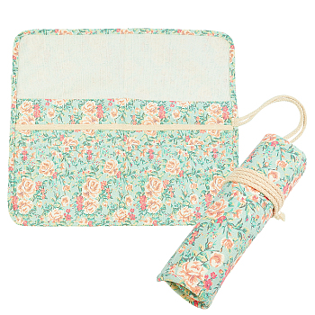 22 Slots Double Layer Art Paint Brushes Case, Roll Up Pen Holder Canvas Pouch Bag, Floral Pattern, Aqua, 43x37.5x0.4cm