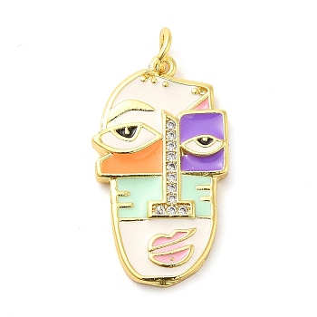 Real 18K Gold Plated Brass Clear Cubic Zirconia Pendants, with Enamel and Jump Ring, Abstract Face, Cornsilk, 26x15x4mm, Hole: 3.4mm
