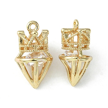 Brass Cubic Zirconia Pendants, 3D Crown & Diamond Charm, Light Gold, 17x10x9mm, Hole: 1.2mm