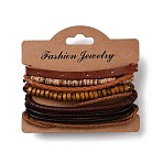 Multi-strand Bracelets, Stackable Bracelets, with Imitation Leather, Waxed Cotton Cord, Wooden Bead, Hemp Rope and Coconut Shell, Dark Orange, 60mm(2-3/8 inch), 5 strands/set(BJEW-N0011-012)