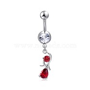 Brass Cubic Zirconia Navel Ring, Belly Rings, with Surgical Stainless Steel Bar, Cadmium Free & Lead Free, Flower, Red, 43x7mm, Bar Length: 3/8"(10mm), Bar: 14 Gauge(1.6mm)(AJEW-EE0004-41A)