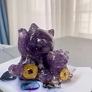 Gold Foil Resin Fortune Cat Display Decoration, with Natural Amethyst Chips inside Statues for Home Office Decorations, 65x60x70mm(PW-WG49439-08)