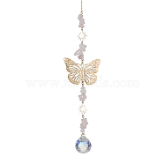 Butterfly Brass Pendant Decorations, with Glass Pendants and Rose Quartz Beads, 315mm(HJEW-TA00131-01)